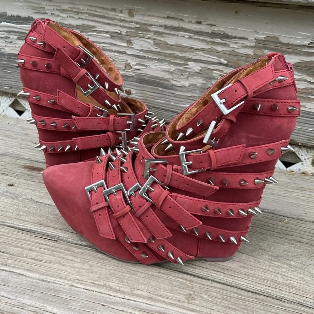 Jeffrey Campbell Zip-2 Stud Brick Red Nubuck Leather Wedge Shoes Women's Size 6 - Picture 13 of 14